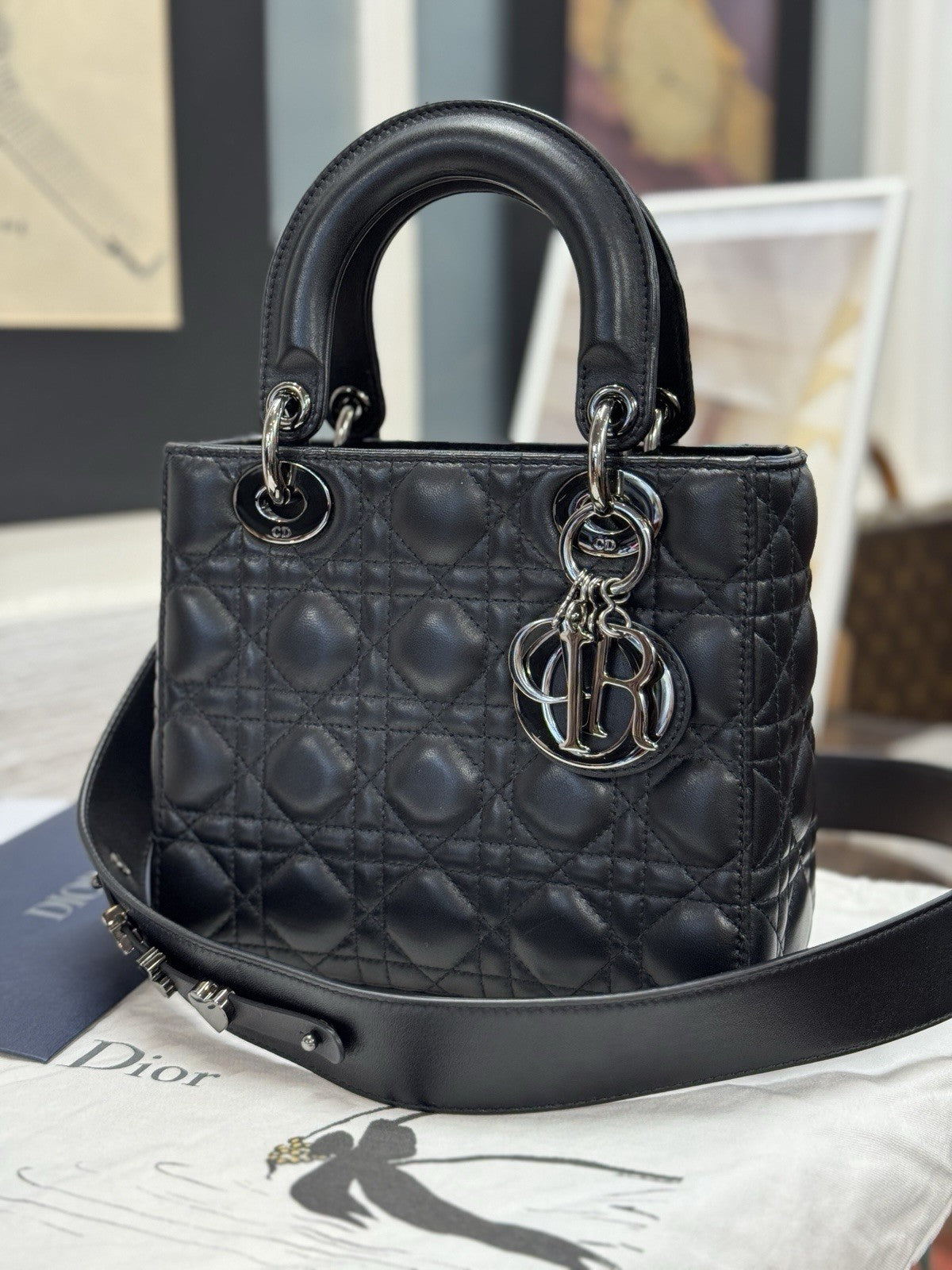 Kleine Lady Dior Small Schwarz Leder & Ruthenium HW All Black Umhängetasche