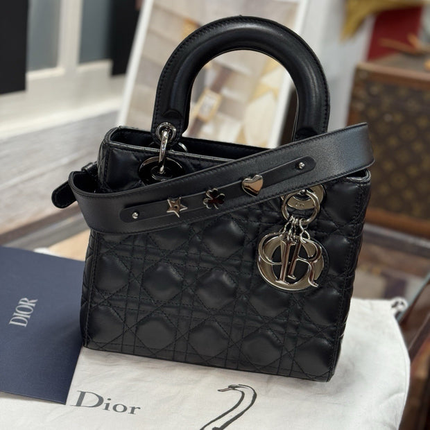 Kleine Lady Dior Small Schwarz Leder & Ruthenium HW All Black Umhängetasche