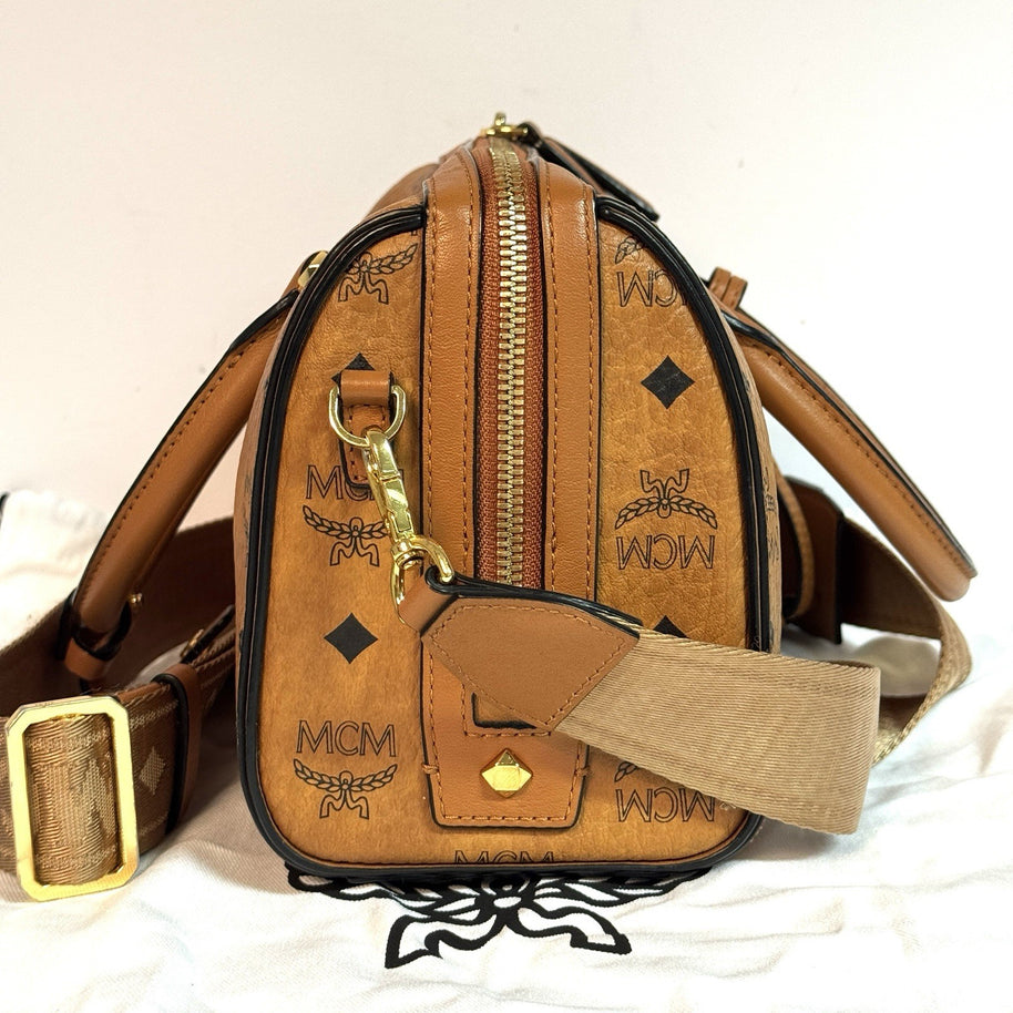 MCM Ella Boston Visetos Speedy Umhängetasche Braun Gold Top Zustand