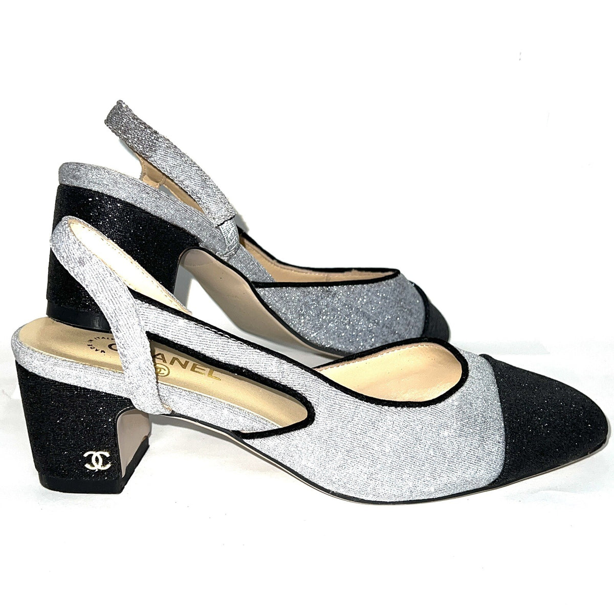 Chanel Paris Glitzer Glitter Pumps Gr. 38 Damenschuhe CC Silber/Schwarz