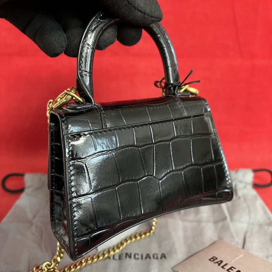 Balenciaga Hourglass Mini, Nano Umhängetasche Schwarz Kroko Glanz Leder, Gold