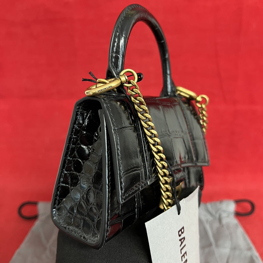 Balenciaga Hourglass Mini, Nano Umhängetasche Schwarz Kroko Glanz Leder, Gold