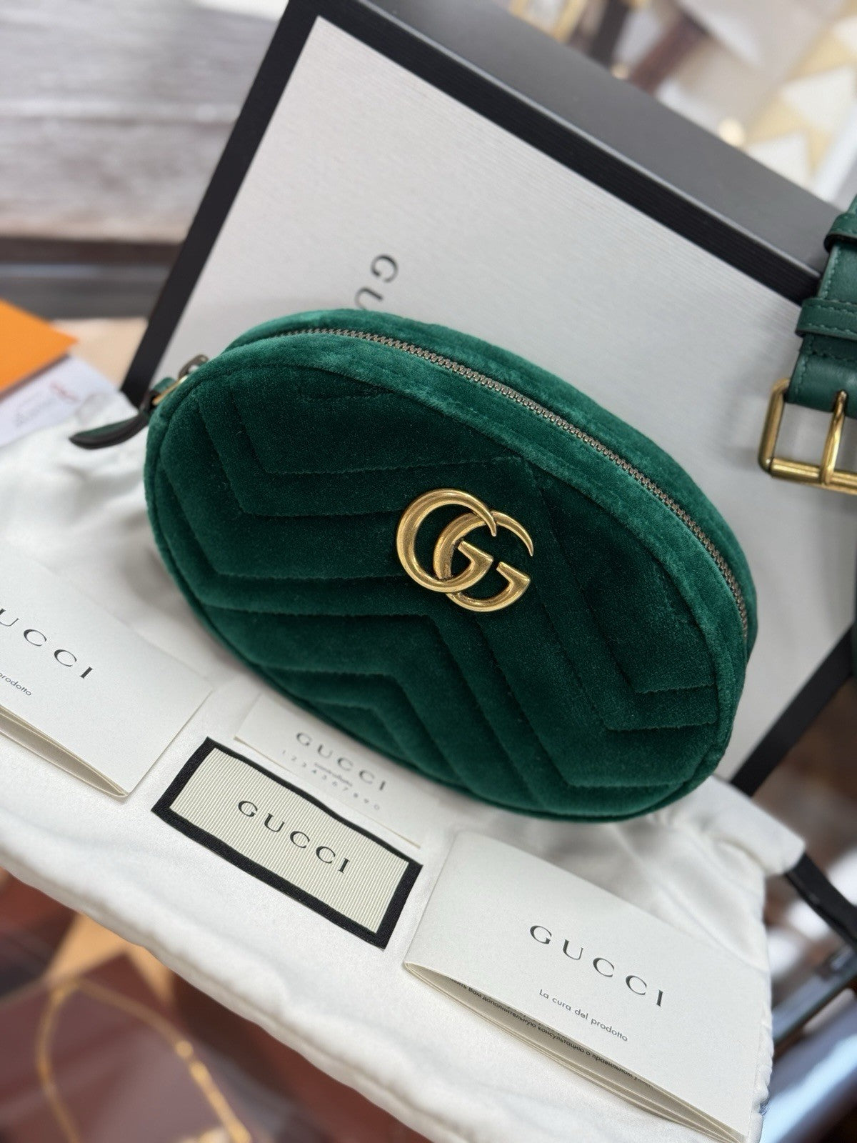 Gucci GG Marmont Gürteltasche Bumbag Samt Grün/Gold 476434