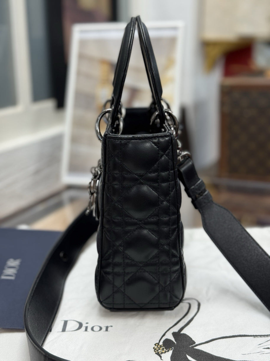Kleine Lady Dior Small Schwarz Leder & Ruthenium HW All Black Umhängetasche