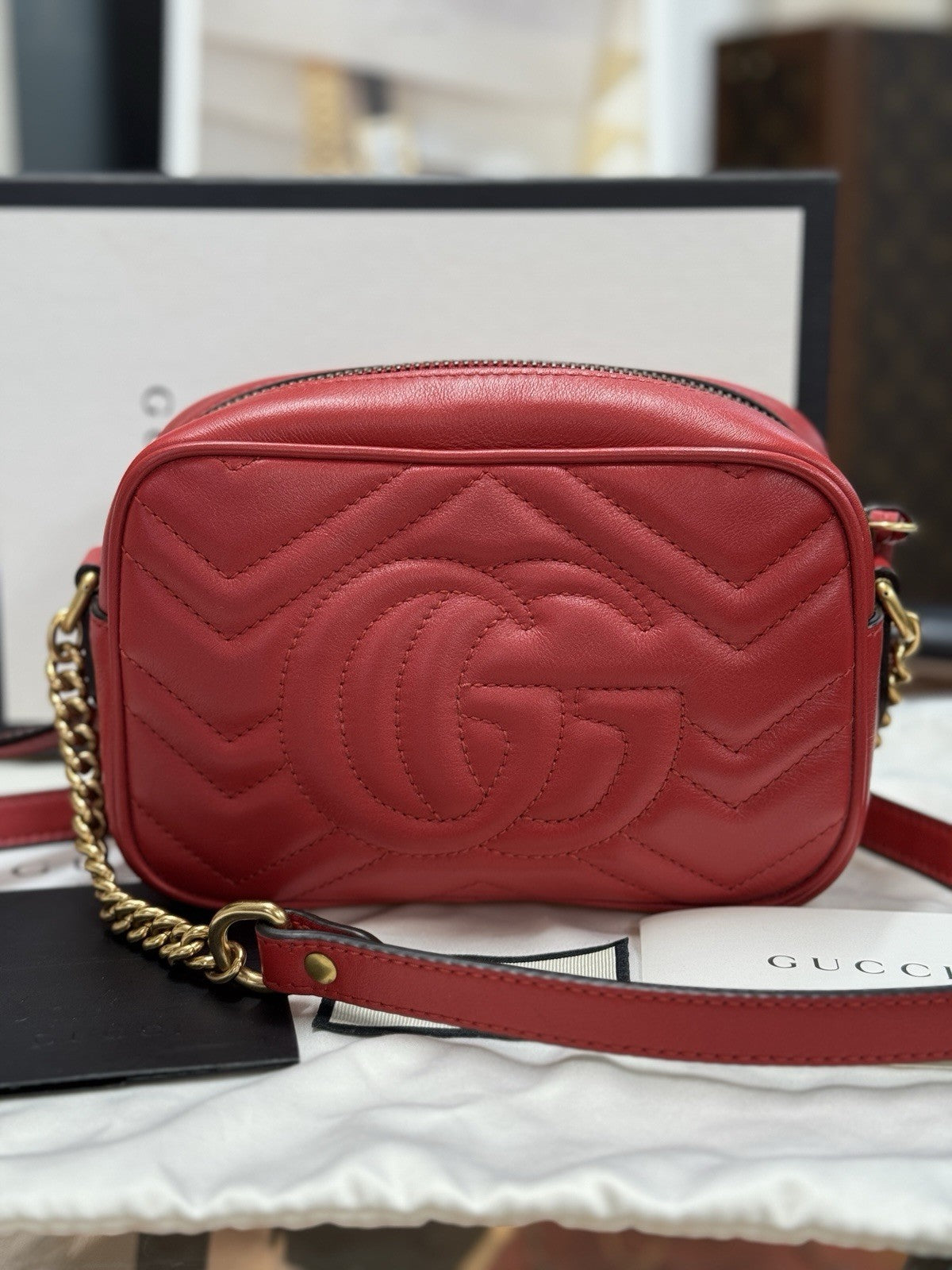 Gucci GG Marmont Mini-Kameratasche Schultertasche Leder Rot/Gold 448065