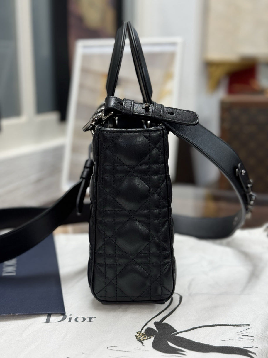 Kleine Lady Dior Small Schwarz Leder & Ruthenium HW All Black Umhängetasche