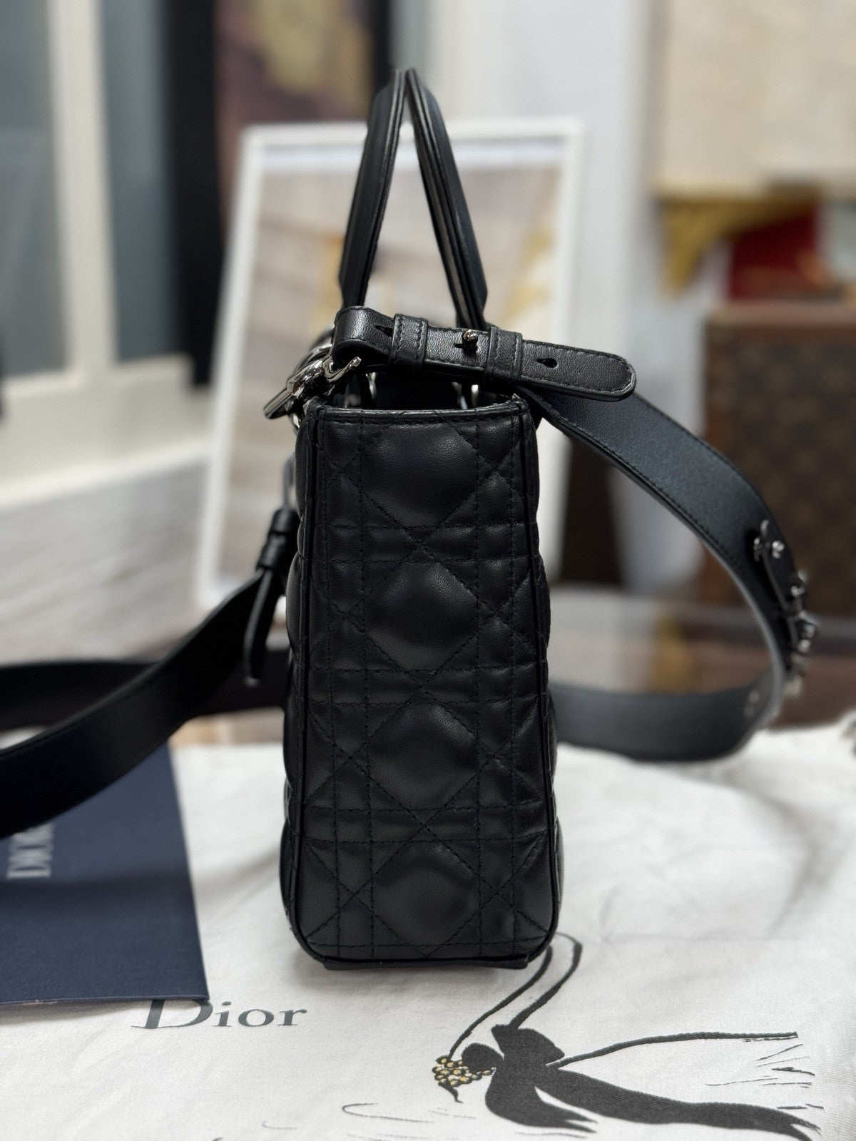 Kleine Lady Dior Small Schwarz Leder & Ruthenium HW All Black Umhängetasche