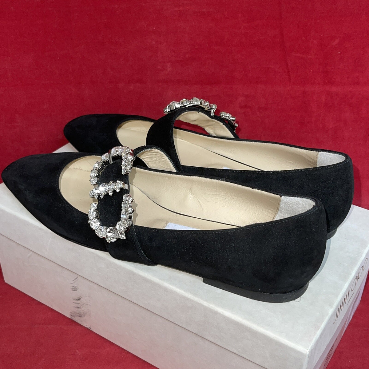 Jimmy Choo Ballerina Damenschuhe Pumps Veloursleder Schwarz Kristallen 38 1/2