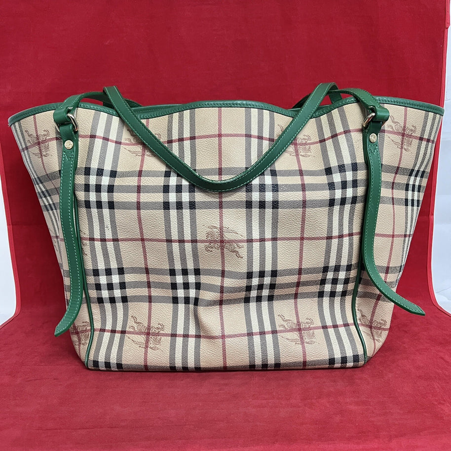 Große Burberry Shopper Damen Schultertasche Leder Beige & Grün Nova Check