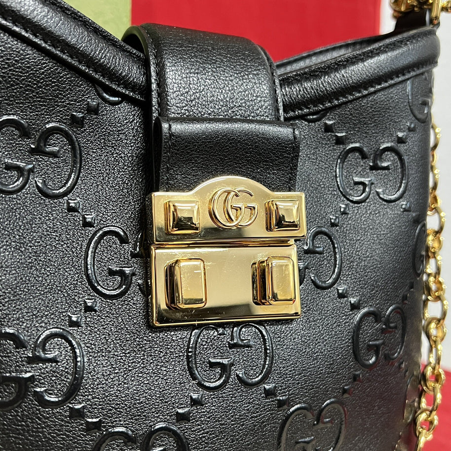 Gucci small GG Hobo Shoulder Bag Leather Black/Gold kleine Umhängetasche Schwarz