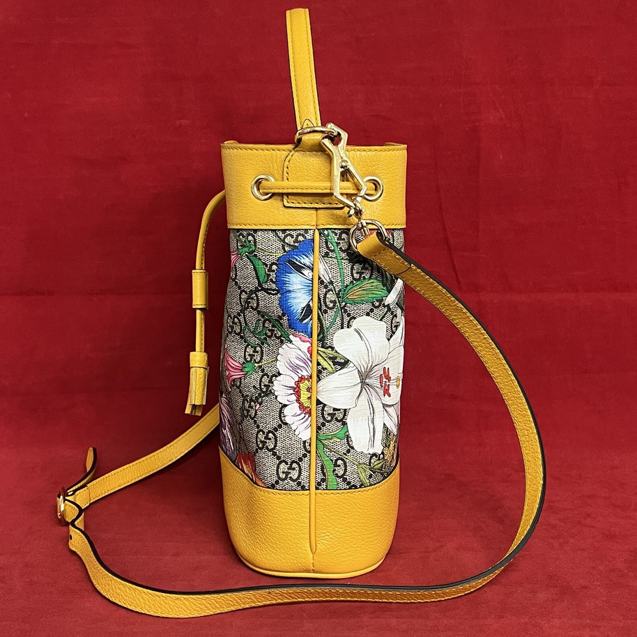 Gucci Flora Ophidia Bucket Bag Umhängetasche GG Supreme Modell:550621 Gelb Leder