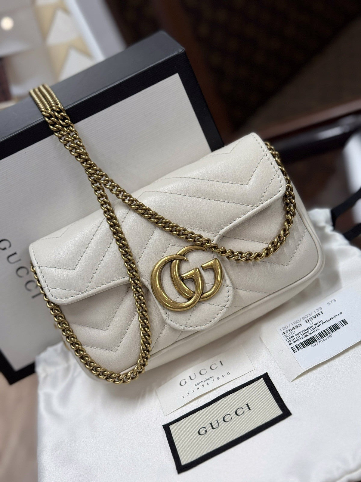 Gucci GG Marmont Mini-Schultertasche Leder Weiss/Gold 476433