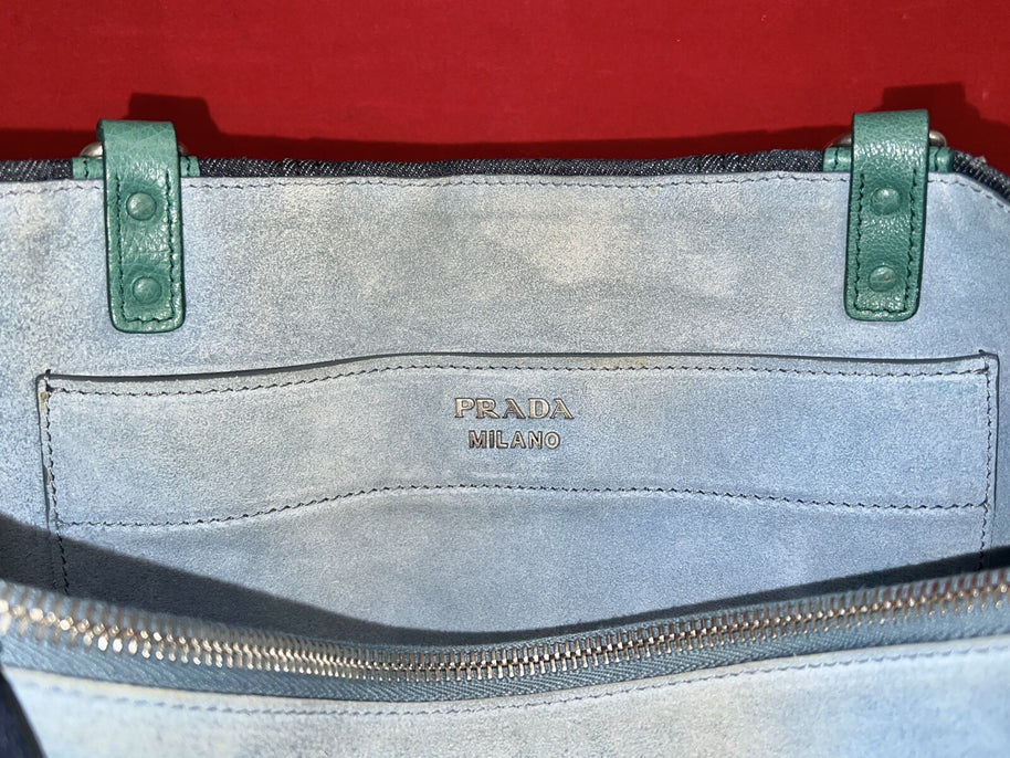 Prada 1BG122 Denim & Glace’cal Leder Shopper Damen Schultertasche NP. 1.600€!