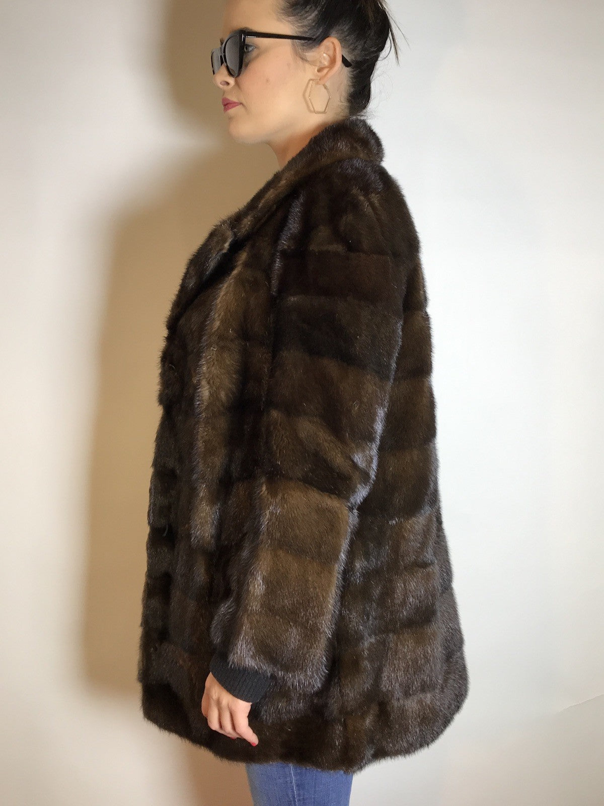Lange Nerzjacke dunkelbraun Querschnitt, Exklusiv vom Kürschner Gr. 36/38 Damen