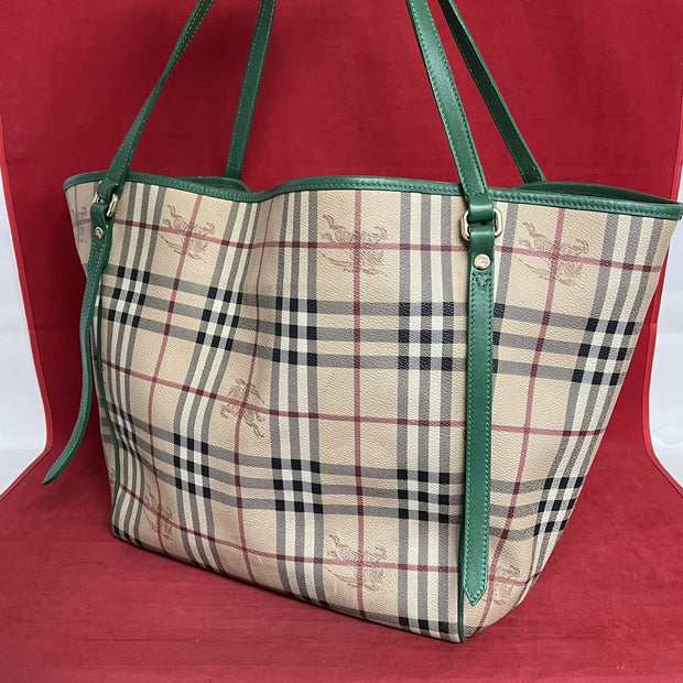 Große Burberry Shopper Damen Schultertasche Leder Beige & Grün Nova Check