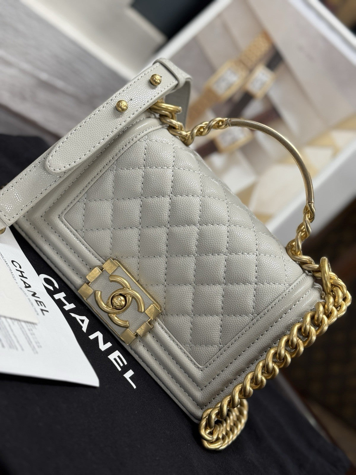 Chanel Top Handle Small Flap Bag Boy Caviar Hellgrau Gold