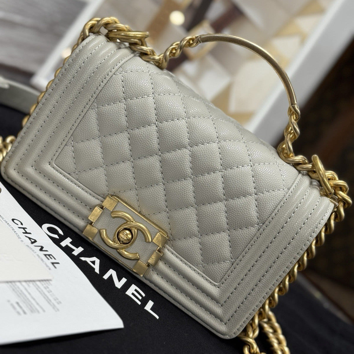 Chanel Top Handle Small Flap Bag Boy Caviar Hellgrau Gold