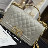 Chanel Top Handle Small Flap Bag Boy Caviar Hellgrau Gold