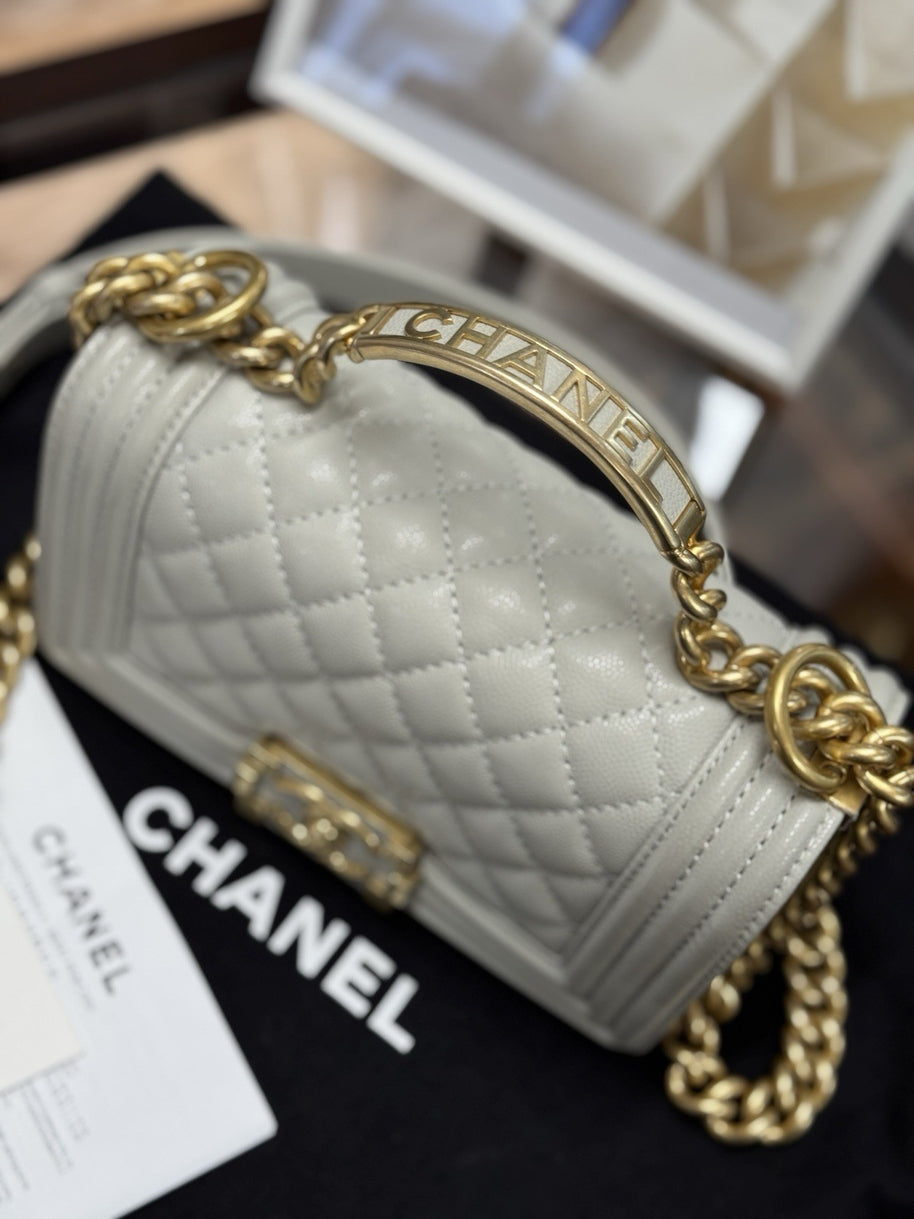 Chanel Top Handle Small Flap Bag Boy Caviar Hellgrau Gold