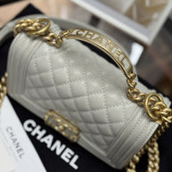 Chanel Top Handle Small Flap Bag Boy Caviar Hellgrau Gold
