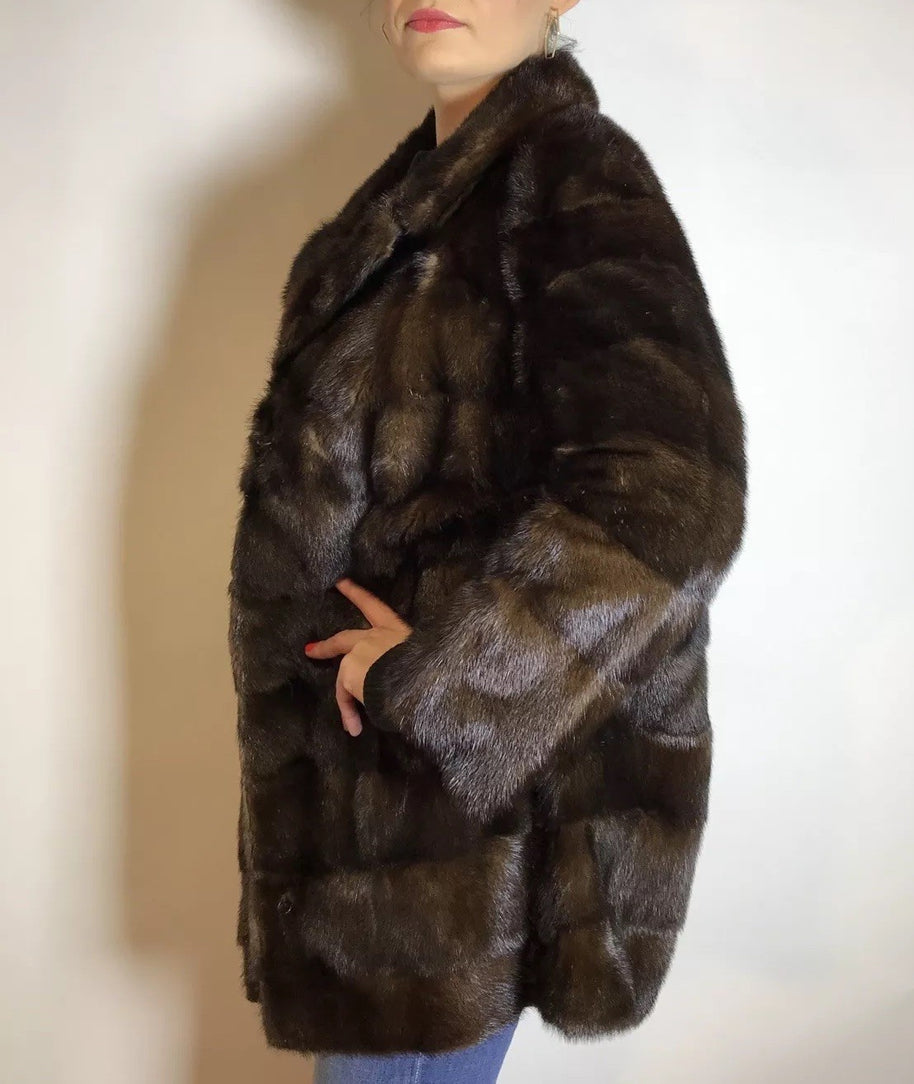 Lange Nerzjacke dunkelbraun Querschnitt, Exklusiv vom Kürschner Gr. 36/38 Damen