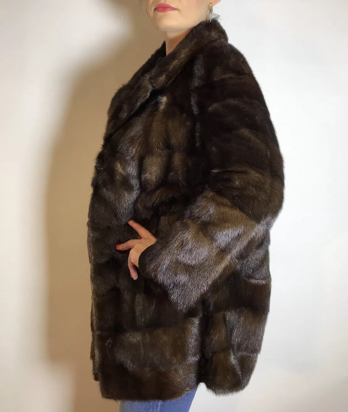 Lange Nerzjacke dunkelbraun Querschnitt, Exklusiv vom Kürschner Gr. 36/38 Damen