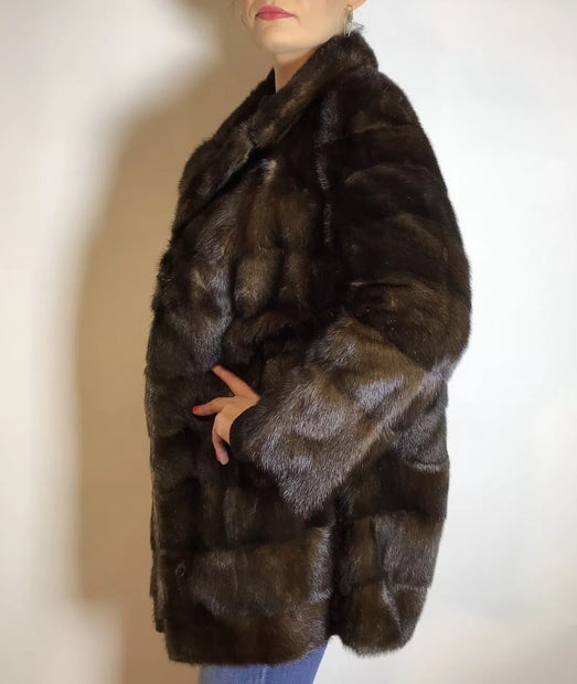 Lange Nerzjacke dunkelbraun Querschnitt, Exklusiv vom Kürschner Gr. 36/38 Damen