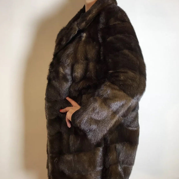 Lange Nerzjacke dunkelbraun Querschnitt, Exklusiv vom Kürschner Gr. 36/38 Damen