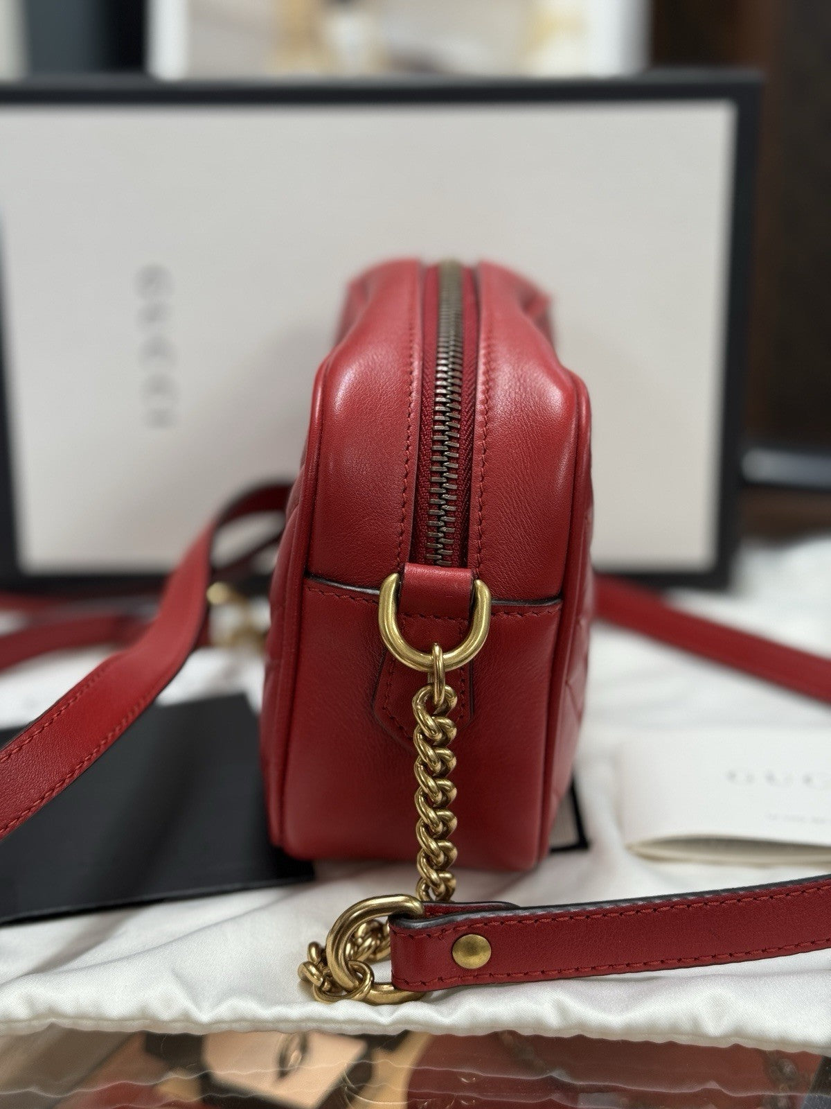 Gucci GG Marmont Mini-Kameratasche Schultertasche Leder Rot/Gold 448065