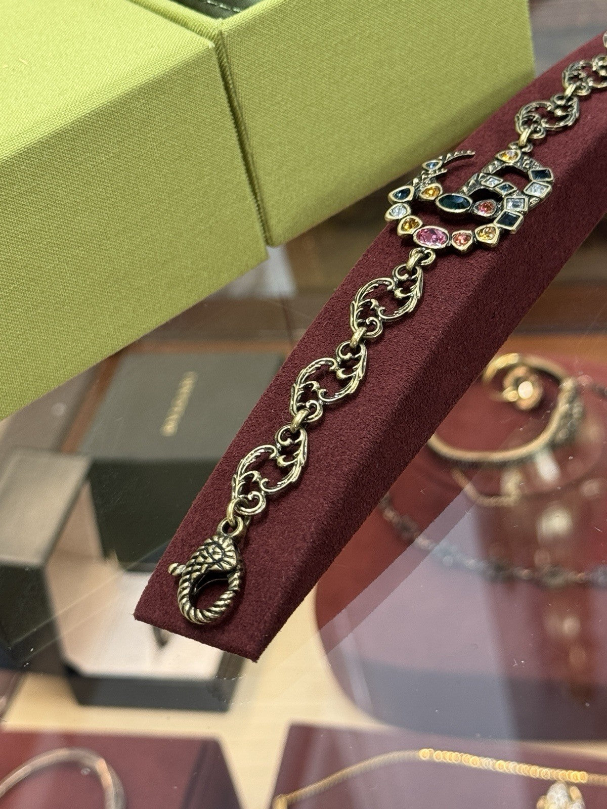 Gucci GG Multicolor Crystal Gemstones Double G Charm Bracelet Armband