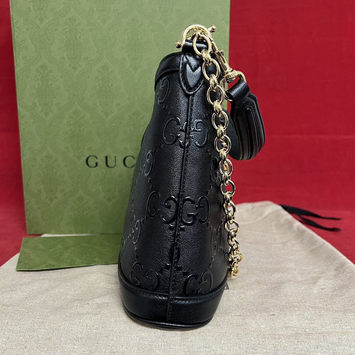 Gucci small GG Hobo Shoulder Bag Leather Black/Gold kleine Umhängetasche Schwarz