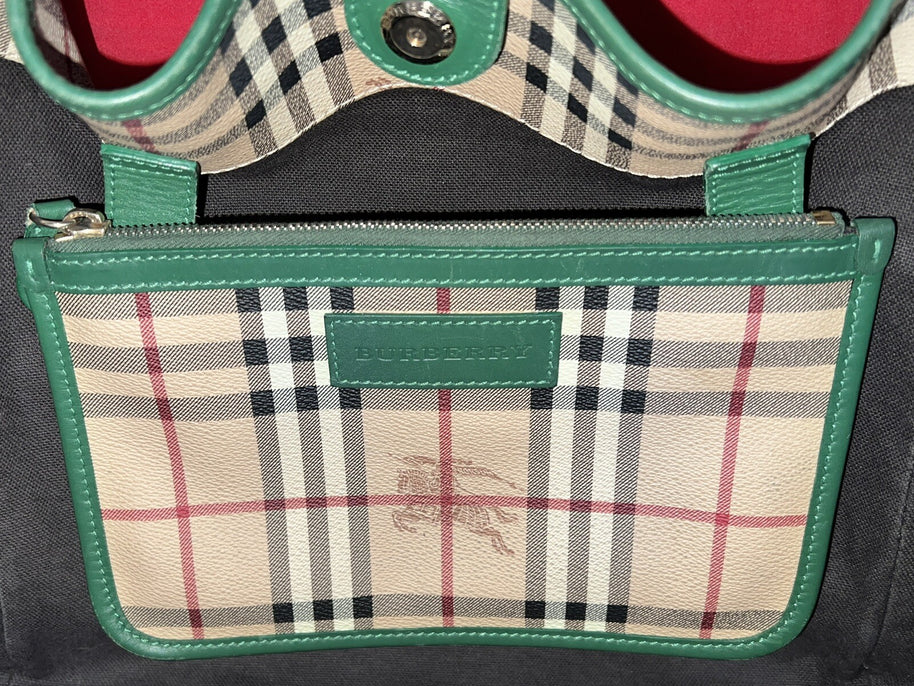 Große Burberry Shopper Damen Schultertasche Leder Beige & Grün Nova Check