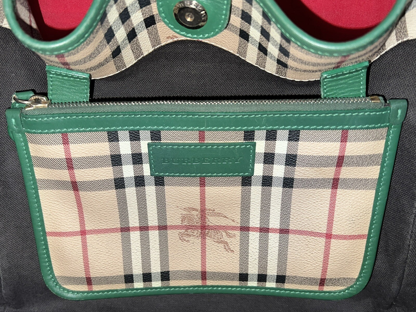 Große Burberry Shopper Damen Schultertasche Leder Beige & Grün Nova Check