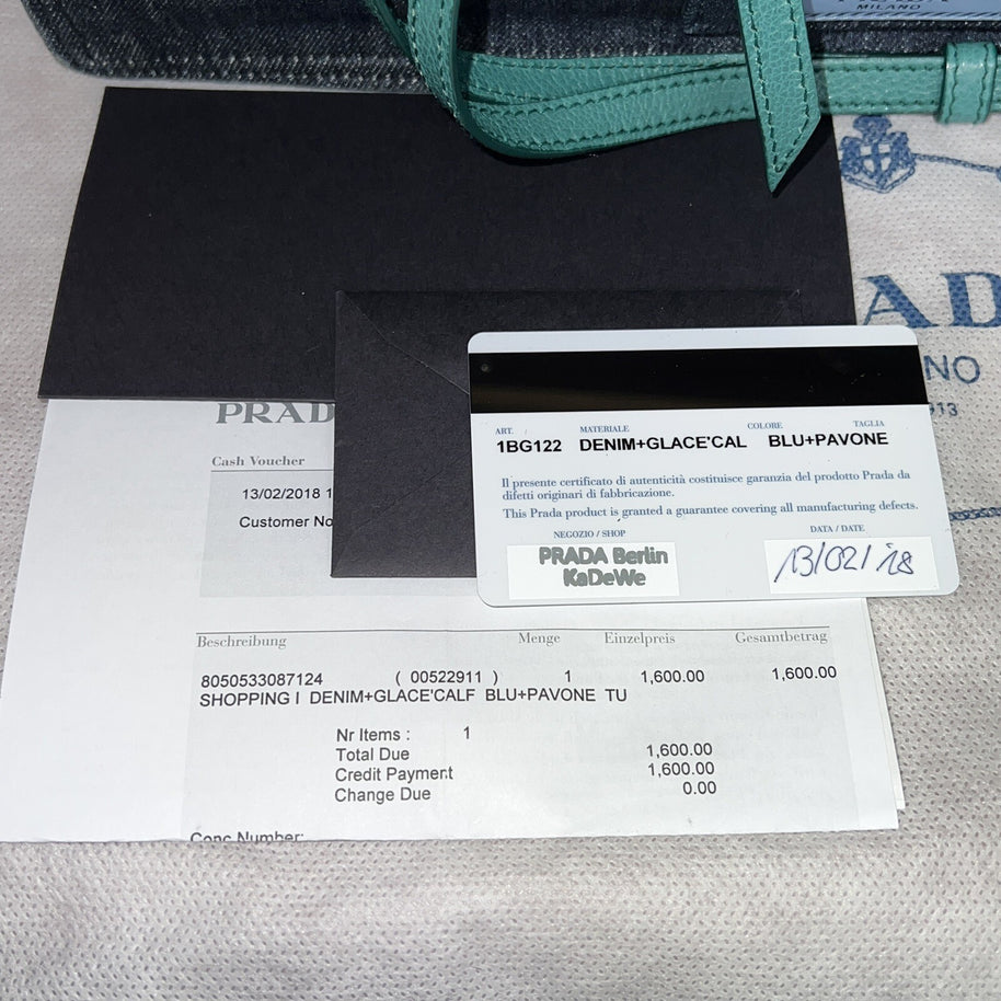 Prada 1BG122 Denim & Glace’cal Leder Shopper Damen Schultertasche NP. 1.600€!