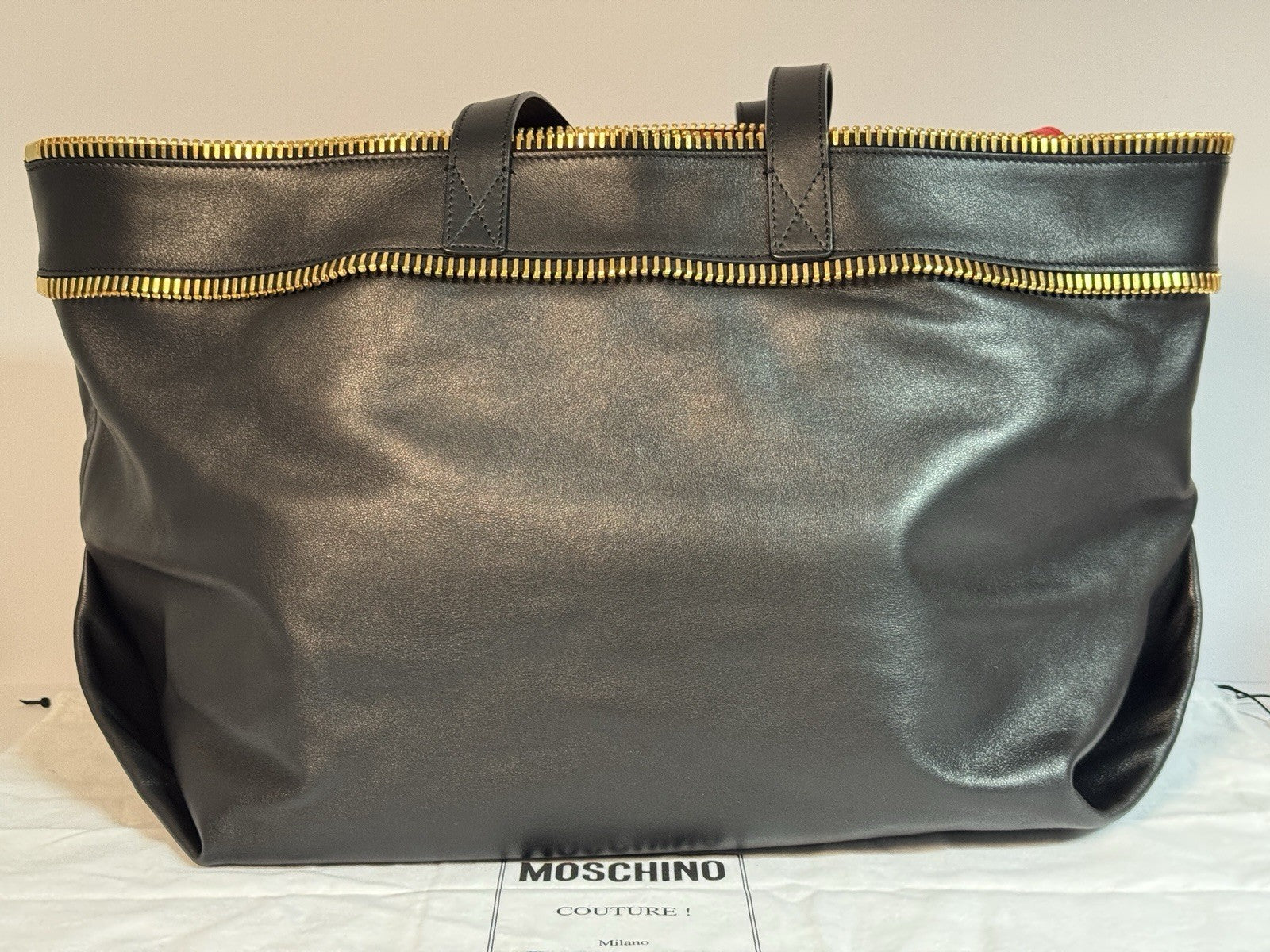 Moschino Rider Shopper XL Tote Bag + Pochette Fantasy Print Black Gold 2023