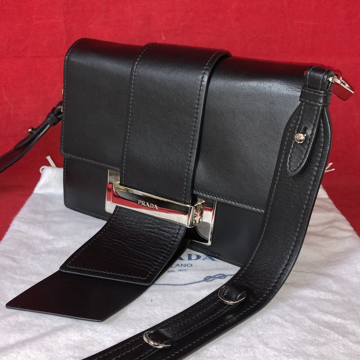 Prada Ribbon Kleine Damen Umhängetasche Leder Schwarz Shoulder Bag Black Leather