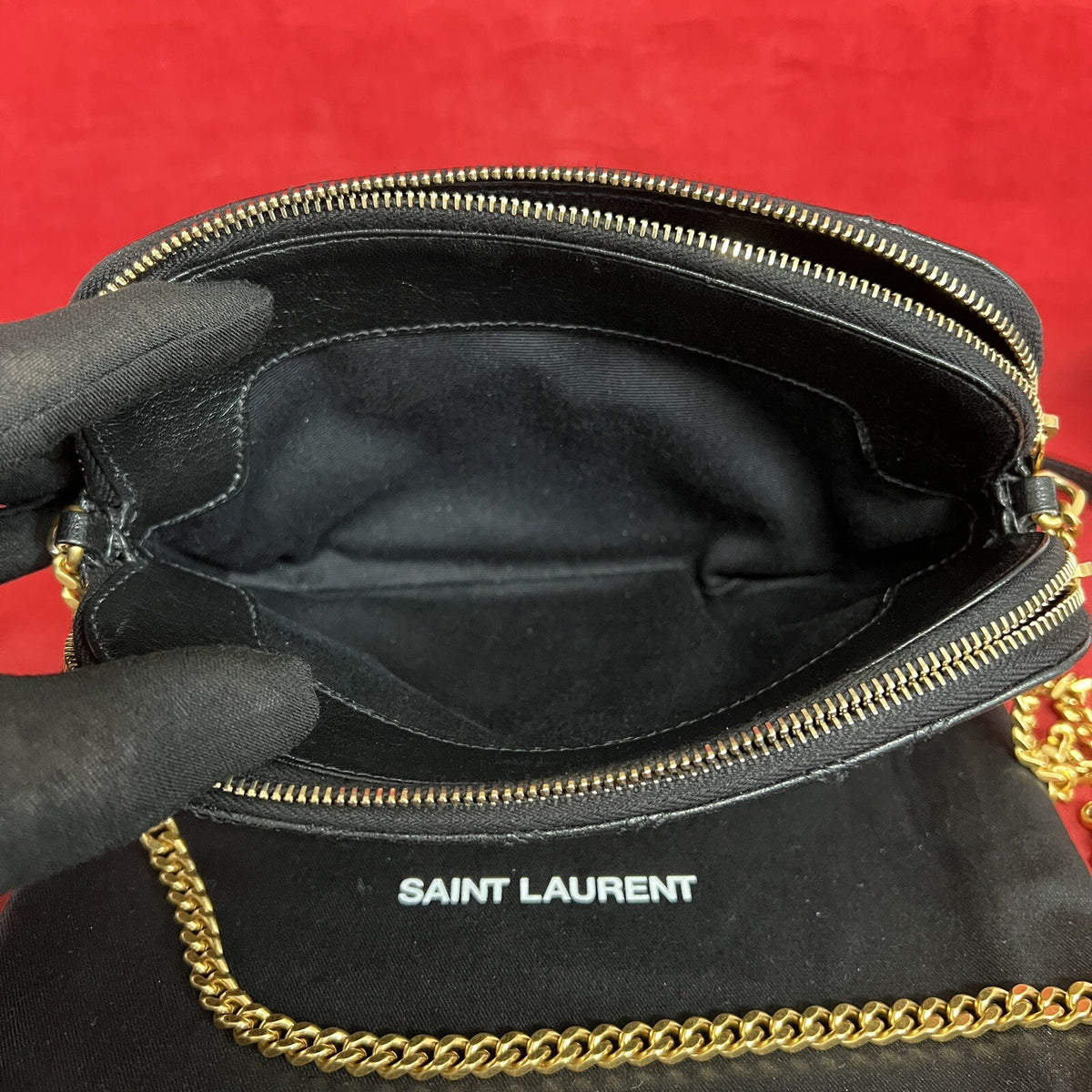Saint Laurent Becky Double Zip Wallet on Chain kleine Umhängetasche Schwarz Gold