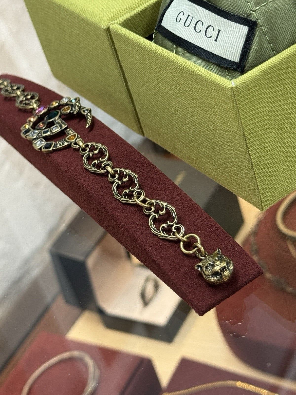 Gucci GG Multicolor Crystal Gemstones Double G Charm Bracelet Armband