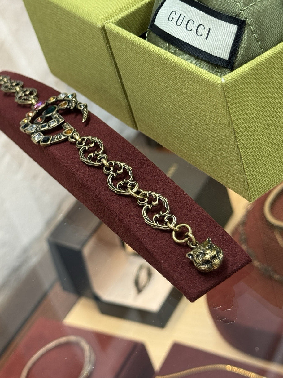 Gucci GG Multicolor Crystal Gemstones Double G Charm Bracelet Armband