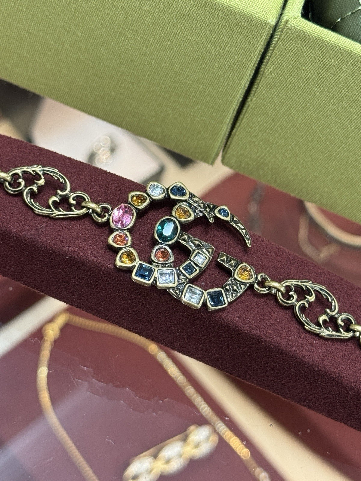 Gucci GG Multicolor Crystal Gemstones Double G Charm Bracelet Armband