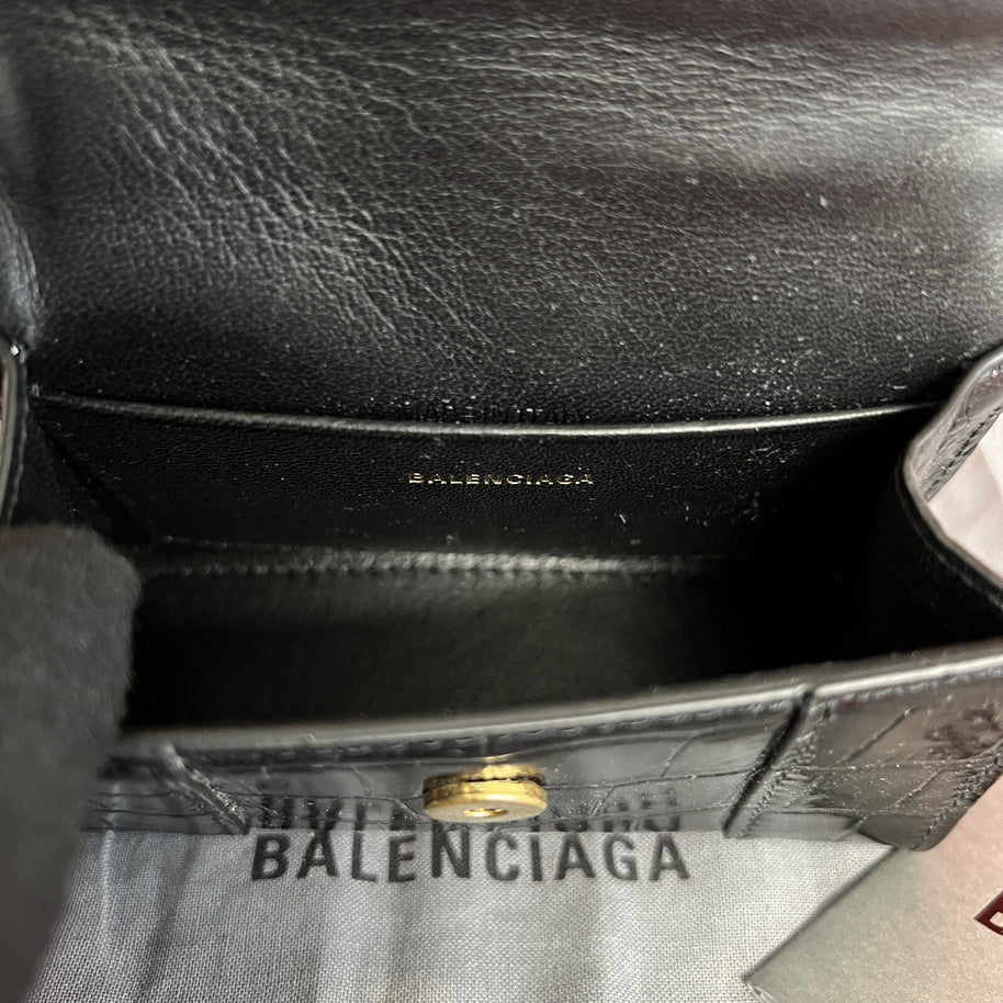 Balenciaga Hourglass Mini, Nano Umhängetasche Schwarz Kroko Glanz Leder, Gold