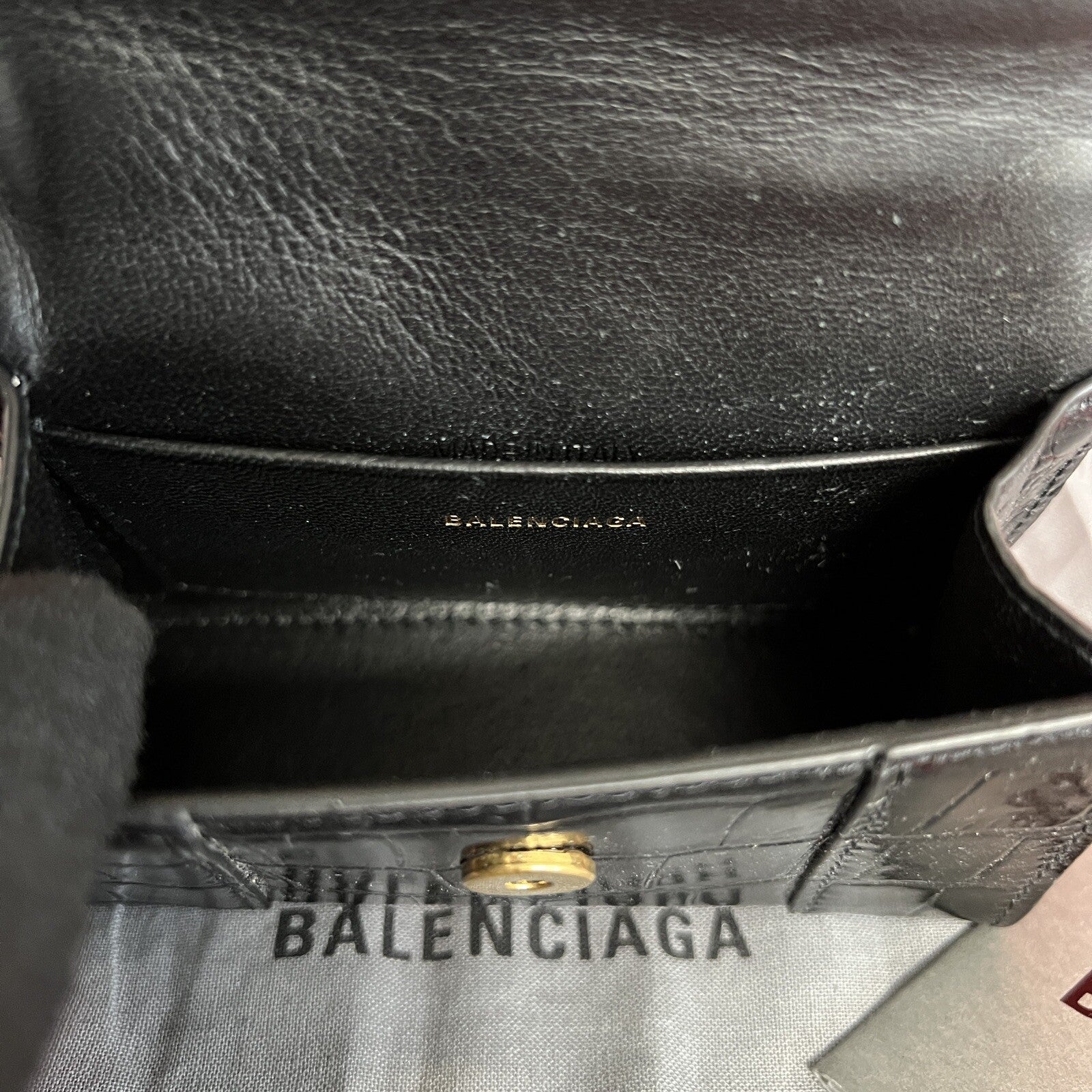 Balenciaga Hourglass Mini, Nano Umhängetasche Schwarz Kroko Glanz Leder, Gold