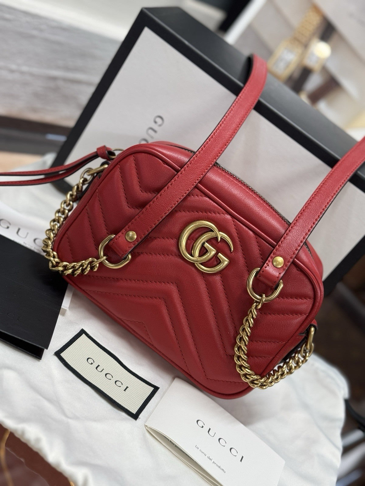 Gucci GG Marmont Mini-Kameratasche Schultertasche Leder Rot/Gold 448065