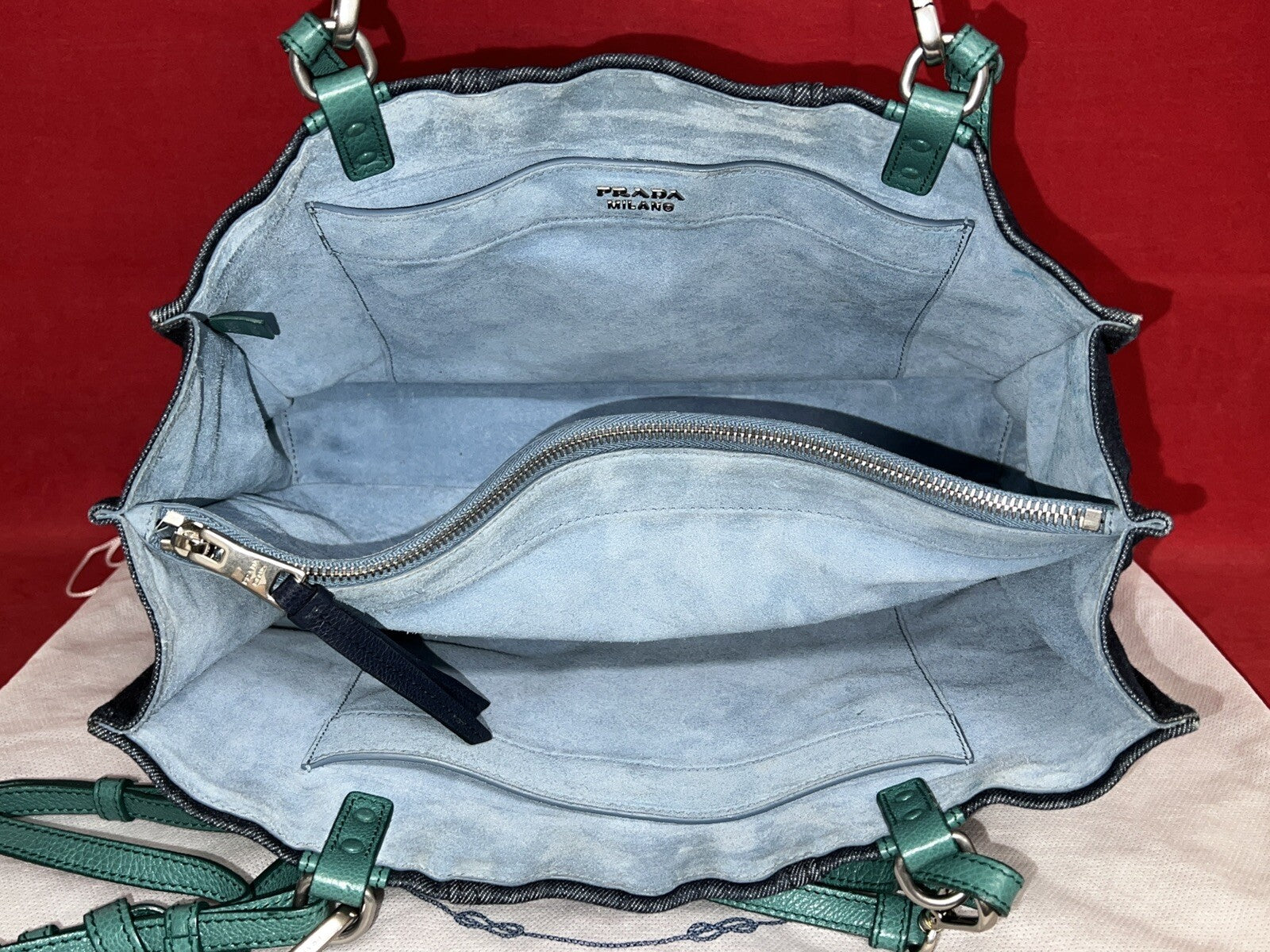 Prada 1BG122 Denim & Glace’cal Leder Shopper Damen Schultertasche NP. 1.600€!