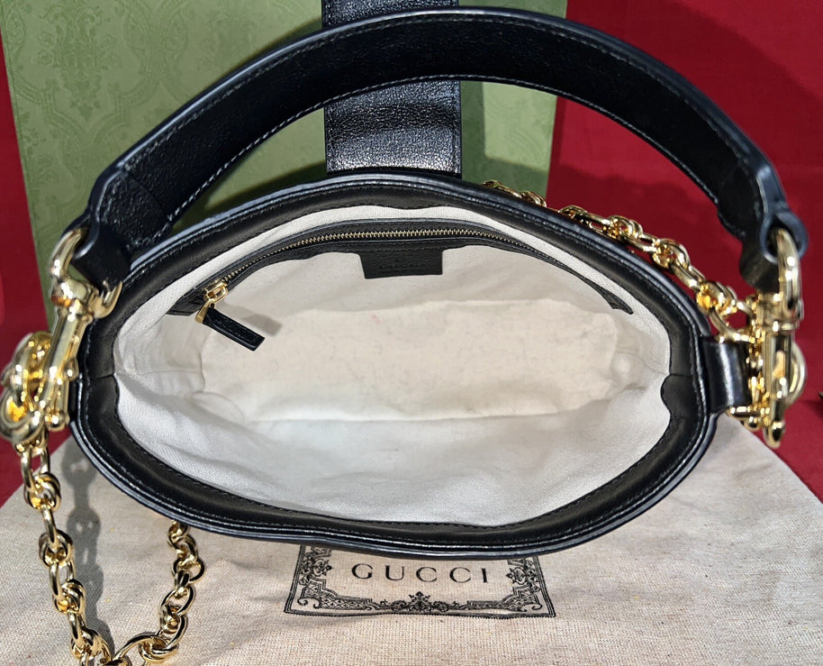 Gucci small GG Hobo Shoulder Bag Leather Black/Gold kleine Umhängetasche Schwarz
