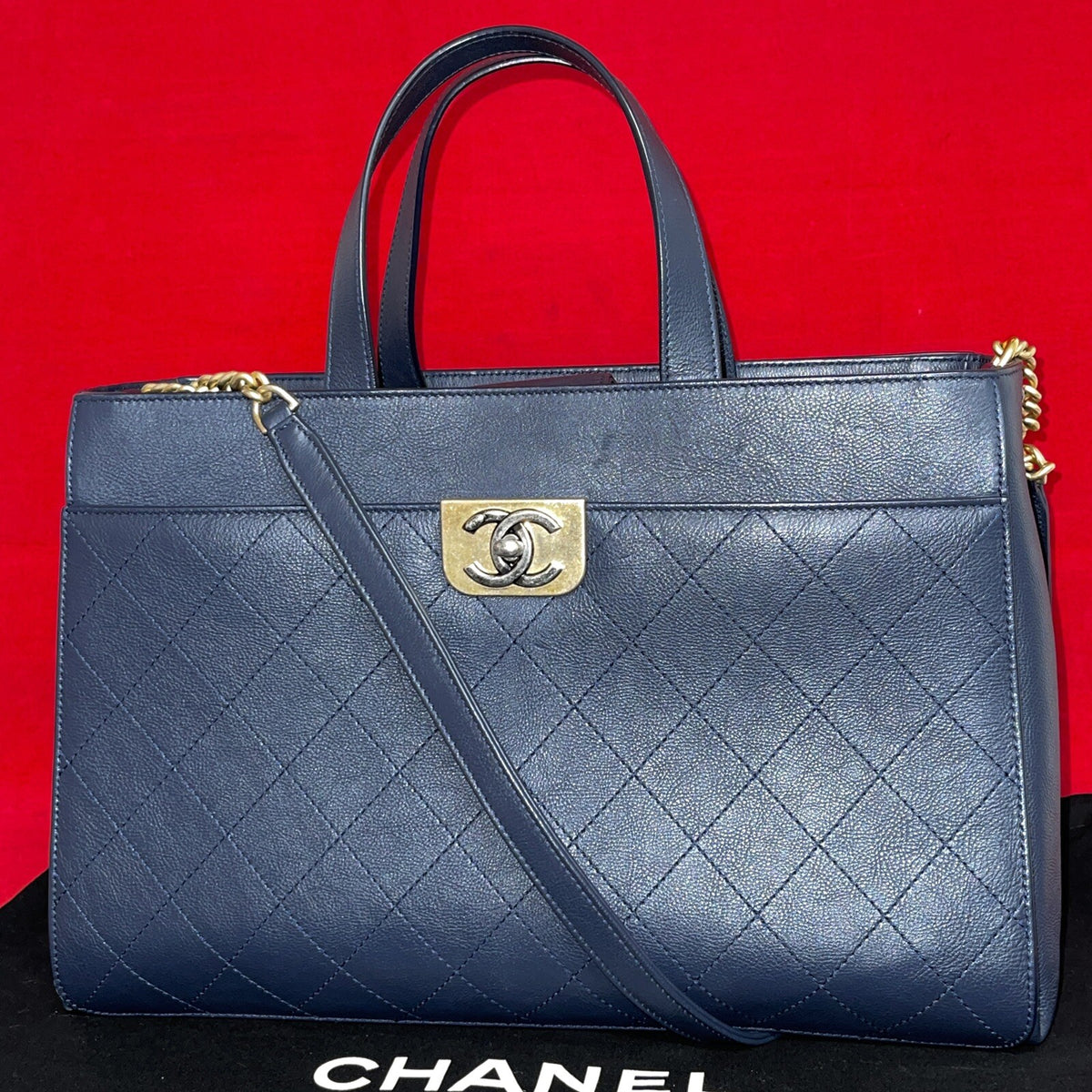 Chanel A93581 Shopping Bag Damen Umhängetasche Shopper Straight Lines Dunkelblau