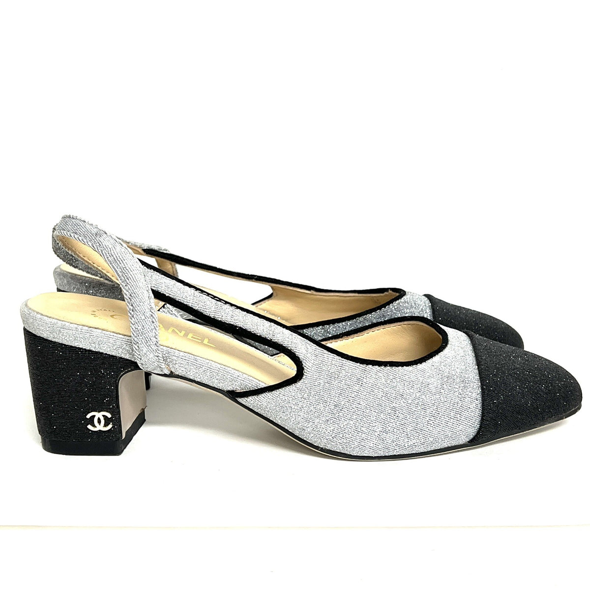 Chanel Paris Glitzer Glitter Pumps Gr. 38 Damenschuhe CC Silber/Schwarz