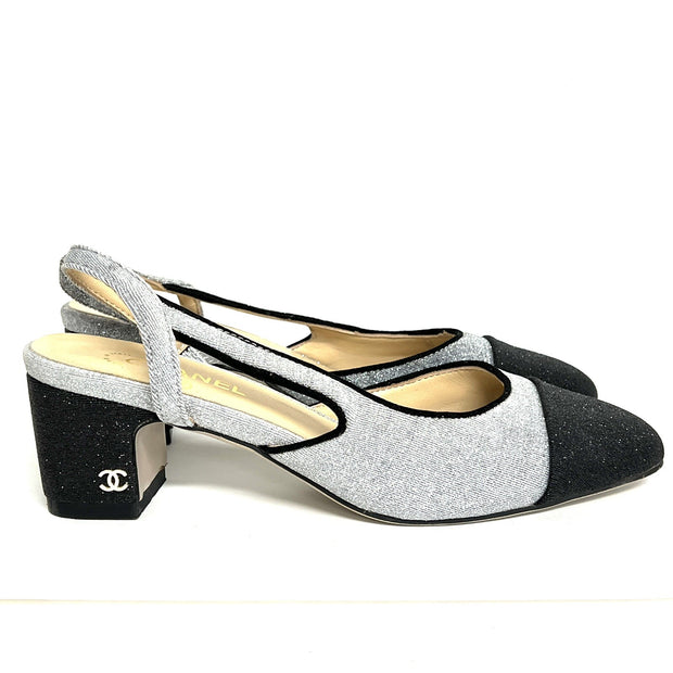 Chanel Paris Glitzer Glitter Pumps Gr. 38 Damenschuhe CC Silber/Schwarz