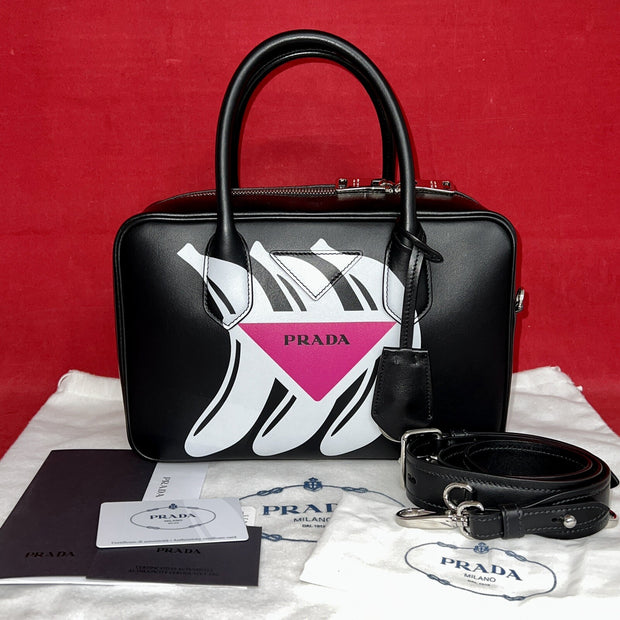 Prada 1BB049 City Calf Damen Umhängetasche Schwarz/Pink
