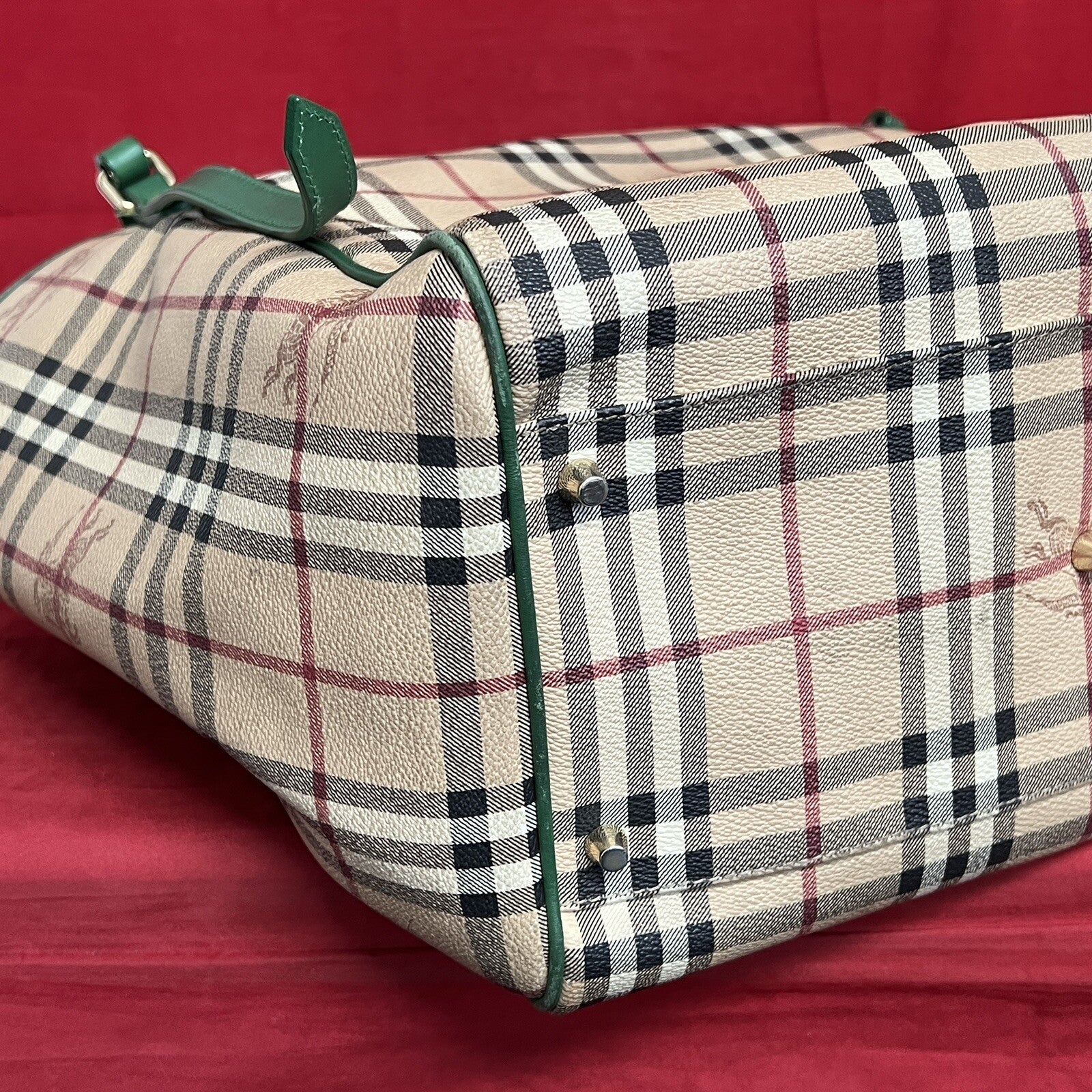 Große Burberry Shopper Damen Schultertasche Leder Beige & Grün Nova Check